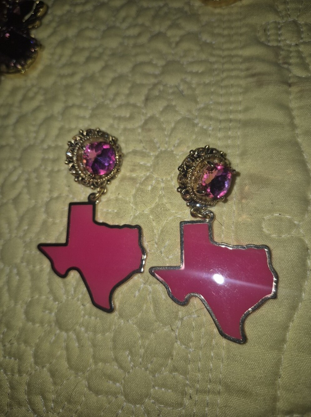 Gold-Tone Pink Texas Drop Earrings with Pink Gem Studs